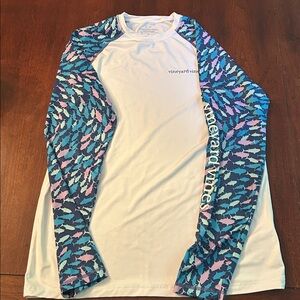 Vineyard Vines White Shirt with Blue and Pink Patterned Sleeves